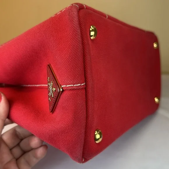 Prada Canapa Red Denim Canvas Snap Sides, Adjustable Removable Strap, Auth Cards - Picture 12 of 16